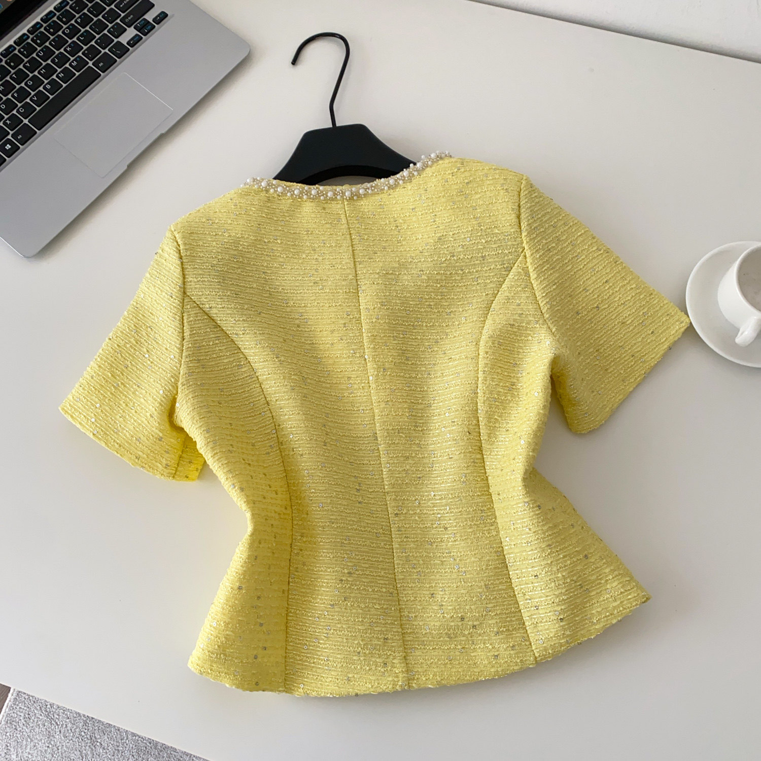 Women's French Style Beaded Square Neck Short Sleeve Summer Blouse_voghion.com