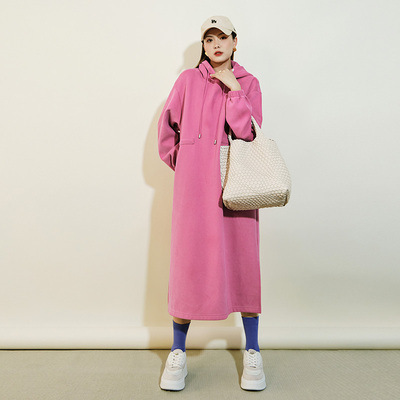 Blue Rouge Sweatshirt Dress Velvet Hooded Waist Loose Mid-Length Dress Autumn and Winter Women