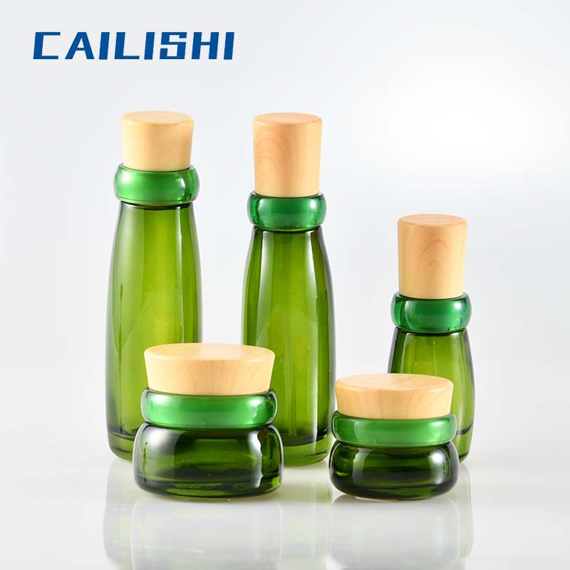 木纹盖玻璃瓶水转印套装玻璃瓶绿色玻璃瓶日化包装化妆品分装瓶