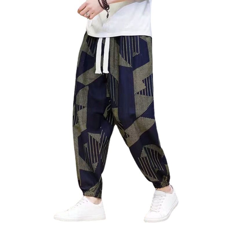 Bloomers de los Hombres estilo étnico atado al tobillo Lino suelto vintage impreso harén atado al tobillo casual primavera y otoño pantalones recortados