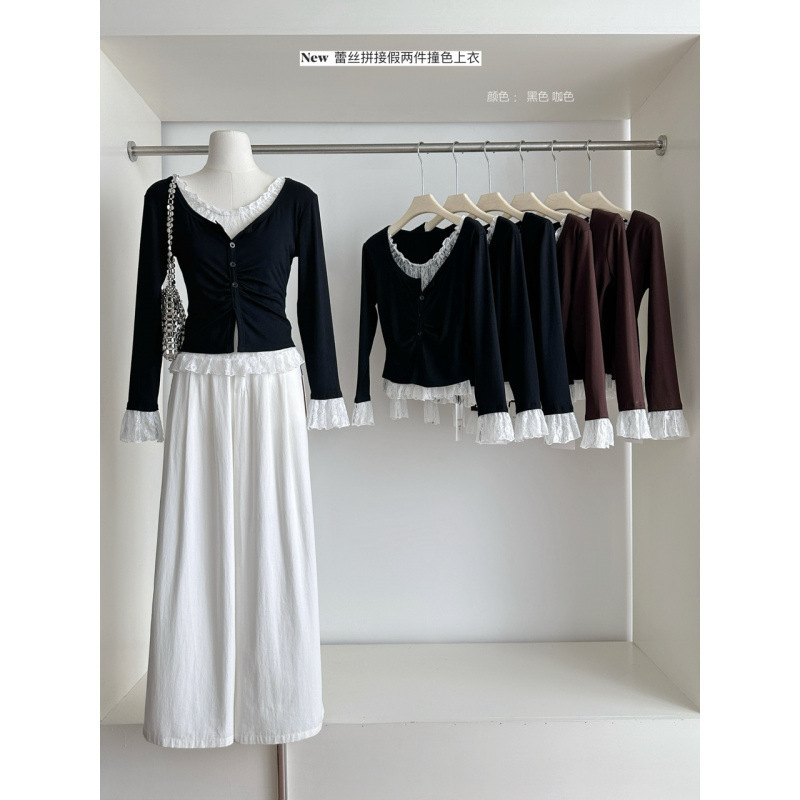 Lace Splicing Fake Two-Piece Long-Sleeved Knitwear for Women in Autum Pleated Slim Design Pure Lust Contrasting Color Bottoming Top
