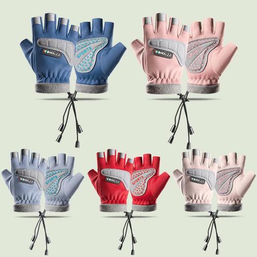 Half-finger padded warm winter gloves for children, suitable for boys and girls, finger-exposed, anti-slip, half-length, for kids, students, and cycling.