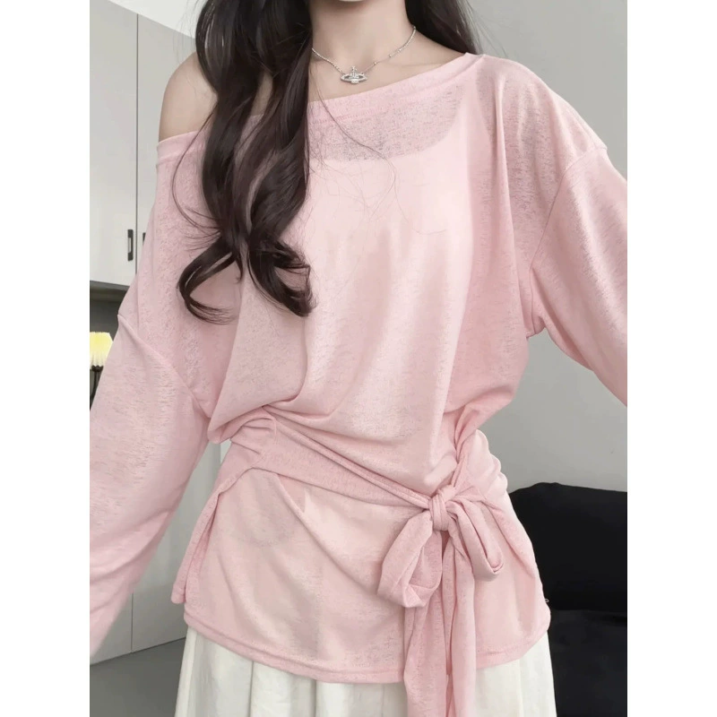 Розовая ленивая блузка с ремешками для женщин, летняя новая свободная рубашка, тонкий дизайн, слегка прозрачный верхний топ