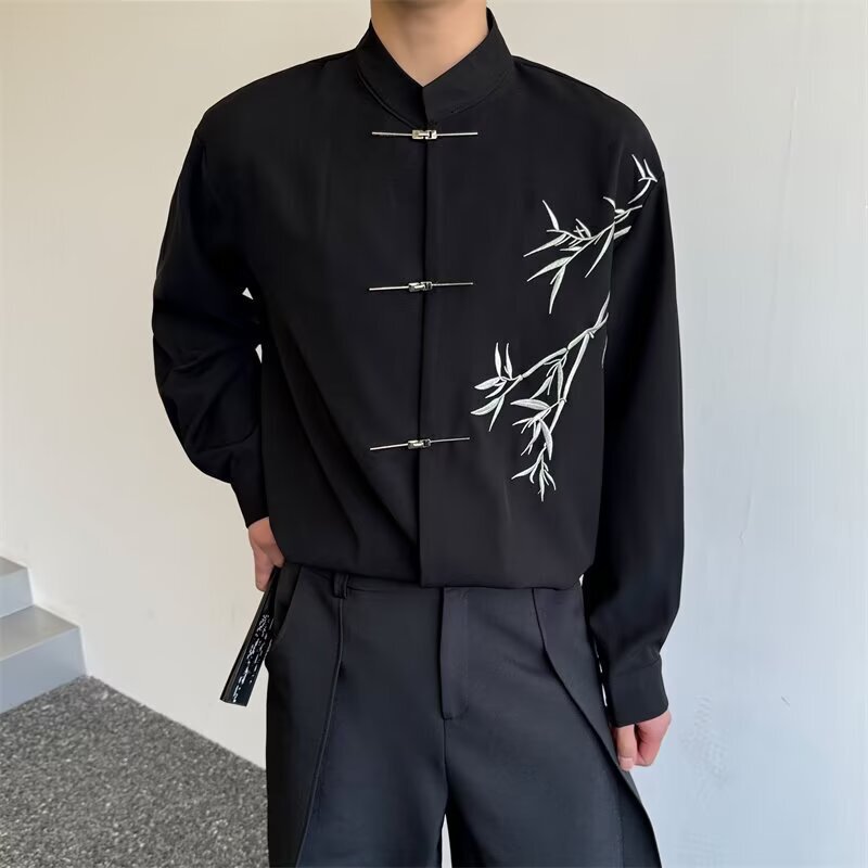 Summer New Chinese-Style Bamboo Embroidery National Style Shirt for Men, Long-Sleeve Design, Casual Drape, Cool and Stylish Shirt for Hairstylists Summer New Chinese-Style Bamboo Embroidery National Style Shirt for Men, Long-Sleeve Design, Casual Drape, Cool and Stylish Shirt for Hairstylists