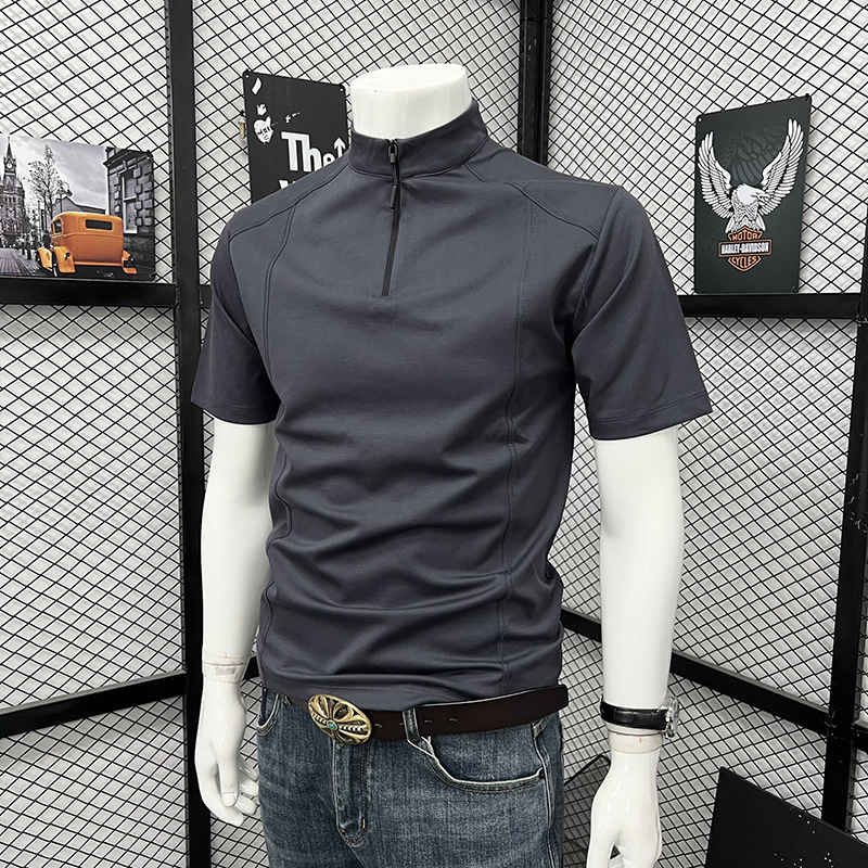 Men's Summer Sports T-Shirt Style High Neck Zipper Short Sleeve Fashionable Trendy Loose Top_viptrois.com