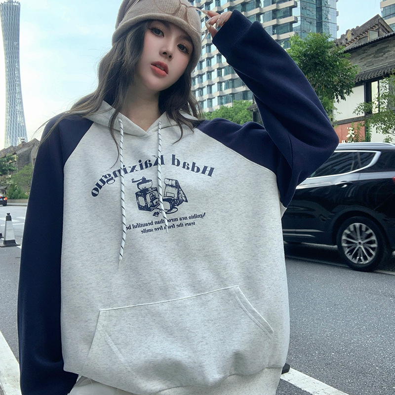 肥柒柒大码女装秋冬印花宽松型连帽卫衣拼色休闲卫衣 加绒加厚|undefined
