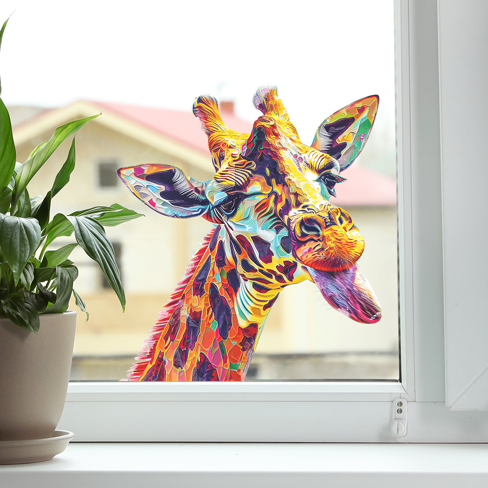 新款fun-f127卡通个性彩绘鹿头玻璃门窗家居装饰窗贴批发静电uv