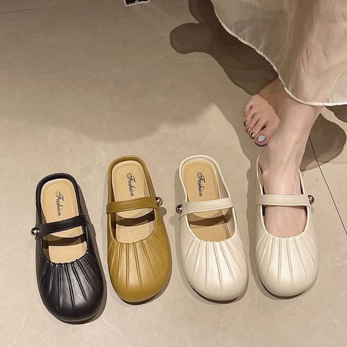 Half Slip On Spring and Autumn New French Mary Jane Pleated Women's Single Shoes Casual Matchy Matchy Style Side Small Beads No Back Heel