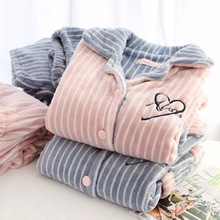 睡衣女秋冬加厚加绒保暖法兰绒开衫外穿珊瑚绒家居服洋气大码套装