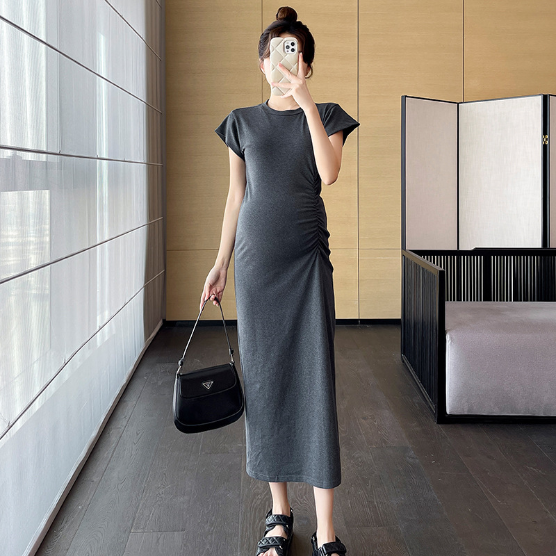 Real shot pregnant women's dress long skirt slim elastic pleated slimming pregnant women's dress one-step skirt hip skirt short sleeve
