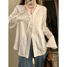 法式设计感白色喇叭袖雪纺防晒开衫女夏季外搭衬衫外套罩衫上衣薄