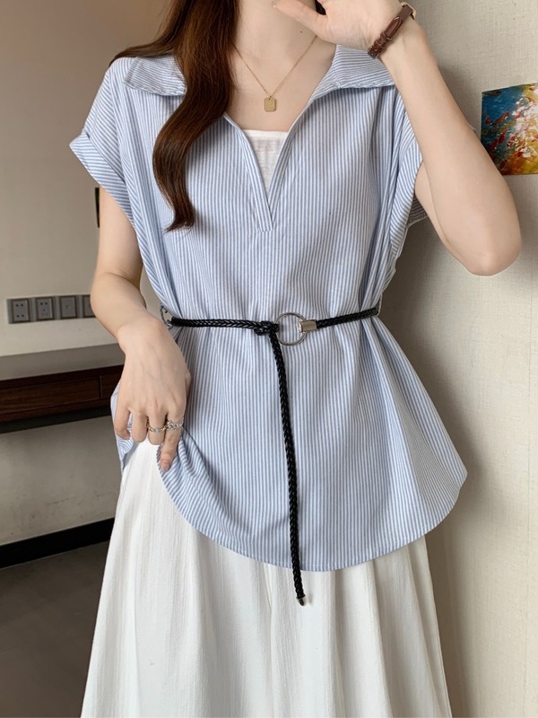 大码女夏季蓝色条纹假两件短袖衬衫胖mm显瘦遮肚收腰法式漂亮上衣|undefined