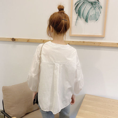 Spring Fresh Lantern Sleeve Loose Youthful Round Neck White Outer Long Sleeve Blouse Top Women's