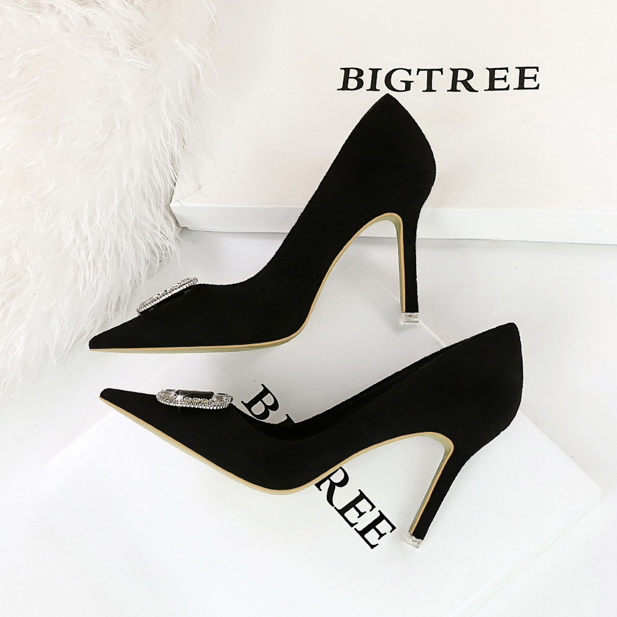 516-K69 European And American Fashion Party Women's Shoes, Stiletto Heel, Suede, Shallow Mouth, Pointed Toe, Rhinestone_vogvips.com