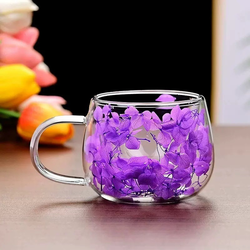 国境を越えたインターネットセレブの本物の花の二重層ガラスの見栄えの良いお土産コーヒーカップ高ホウケイ酸シンプルな丸いドリンクカップ|undefined
