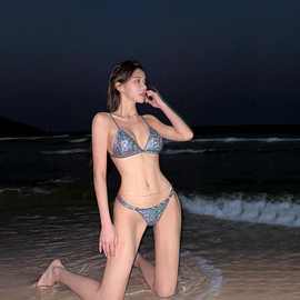 跨境闪片欧美性感露背比基尼小胸聚拢女神紧身显瘦温泉分体游泳衣