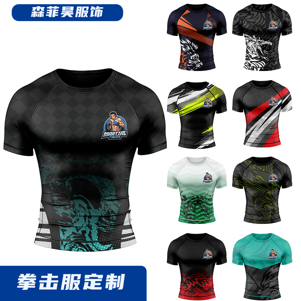 Cross-Border Custom Boxing Uniforms, Muay Thai Tight-Fitting Short-Sleeved Fitness Training Fighting Running Fighting T-Shirts, Martial Arts Sportswear