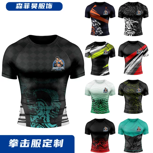 Cross-Border Custom Boxing Uniforms, Muay Thai Tight-Fitting Short-Sleeved Fitness Training Fighting Running Fighting T-Shirts, Martial Arts Sportswear