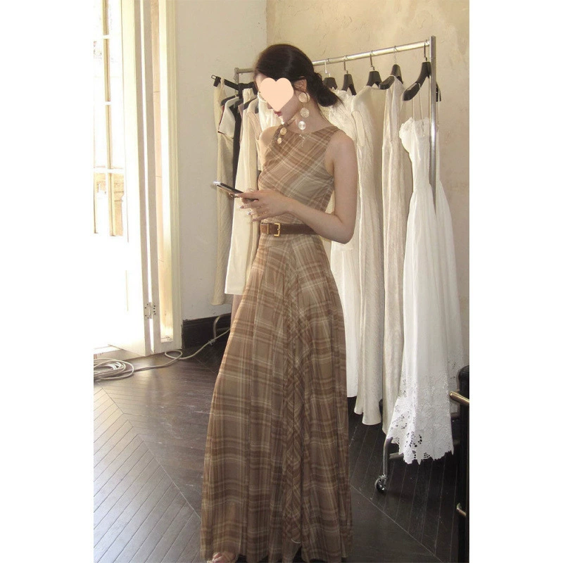 Платье-рубашка в клетку ретро, женское, летнее, 2025 года, с поясом, удлиненное, с завышенной талией.