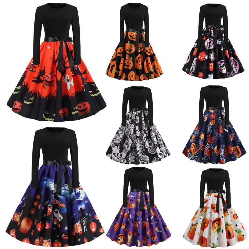 Women's Clothing Is Ready for Supply, Retro Holiday Mid-Length A-Line Skirt, Printed Round Neck, Long Sleeves, Large Hem Dress, Factory Direct Sale