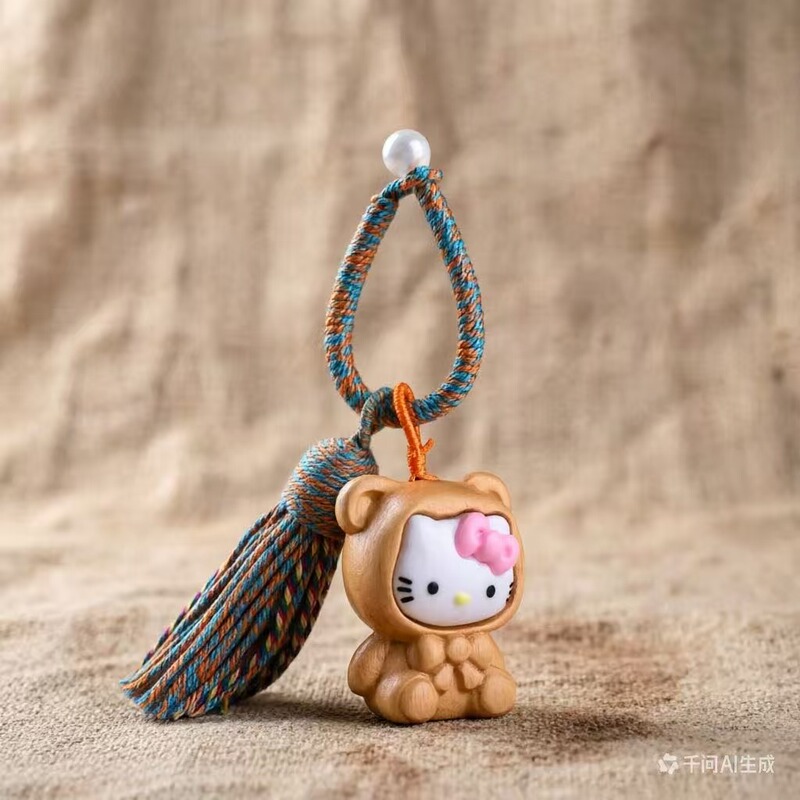 Original Cartoon Hello Kitty Bear-Shaped Keychain Tassel Pendant Cute Handmade Wooden Bag Charm Car Hanging Ornament