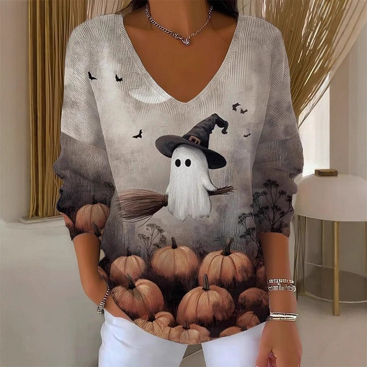 2026 Cross-Border Amazon Summer New Halloween Ghost Bat Witch Print Versatile Women's V-Neck Long-Sleeve T-Shirt 2026 Cross-Border Amazon Summer New Halloween Ghost Bat Witch Print Versatile Women's V-Neck Long-Sleeve T-Shirt