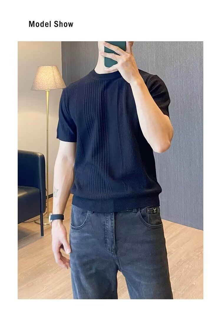 Men's Slim Fit Ice Silk Knit T-Shirt Short Sleeves Round Neck Summer Style Vertical Stripes Mature Simple Design_viptrois.com