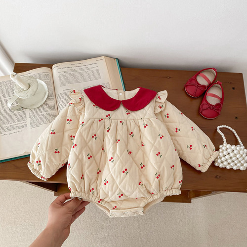 Baby autumn and winter clothes cherry quilted plus velvet bag fart clothes princess harem clothes baby girl newborn sweet onesie