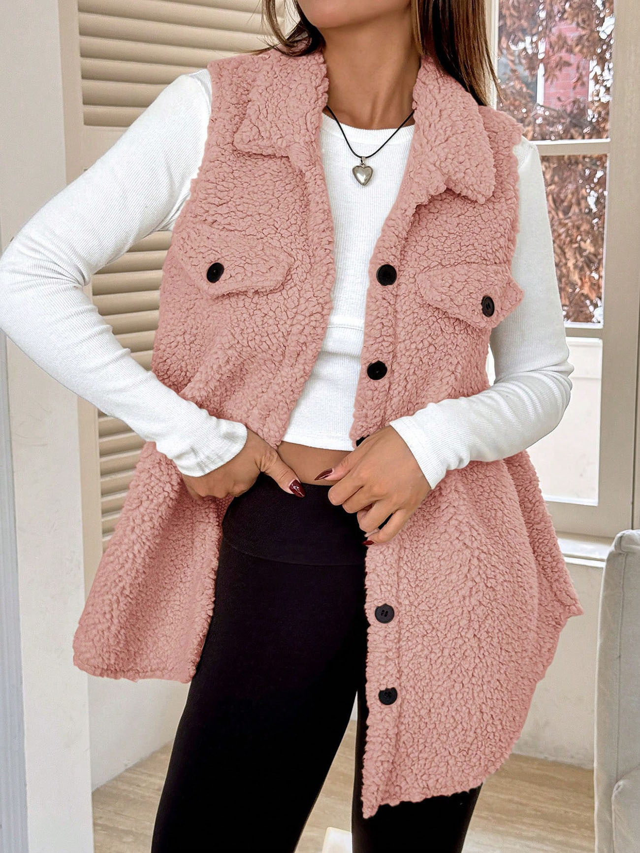 Chaleco de forro polar para mujer con solapa y botones casual_voghion.com