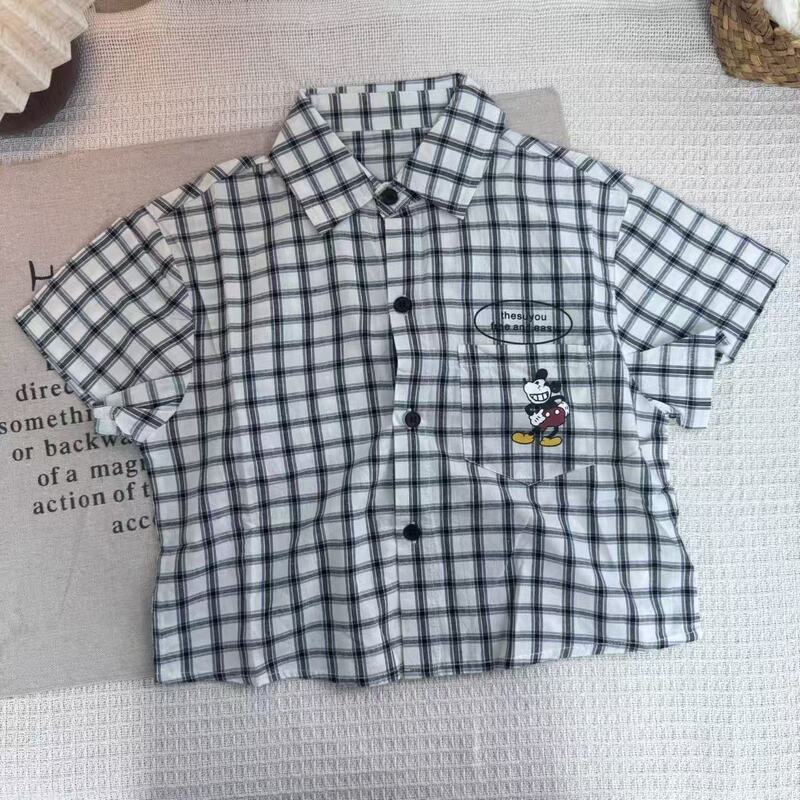 2026 New Summer Style Boys' Plaid Short-Sleeved Shirt Cartoon Mickey Lapel Cotton Shirt Korean Style Trendy Top
