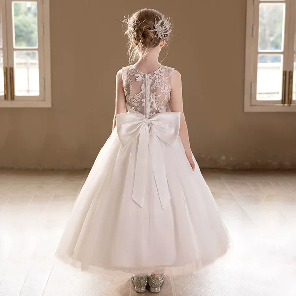 Teen Girls White Wedding Gauze Dress Lace Embroidered Big Bow Evening Dress Poncho Gauze Bridesmaid Dress
