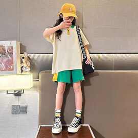女童套装夏季拼色套装中大童翻领纯色夏季新款拼色短袖上衣两件套