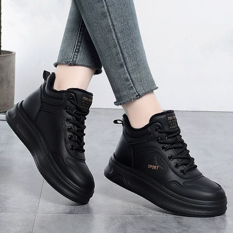 Чистый цвет шнуровки женские хлопчатобумажные туфли, бархатные толстые хлебные туфли, теплые дикие зимние плоские простые женские туфли