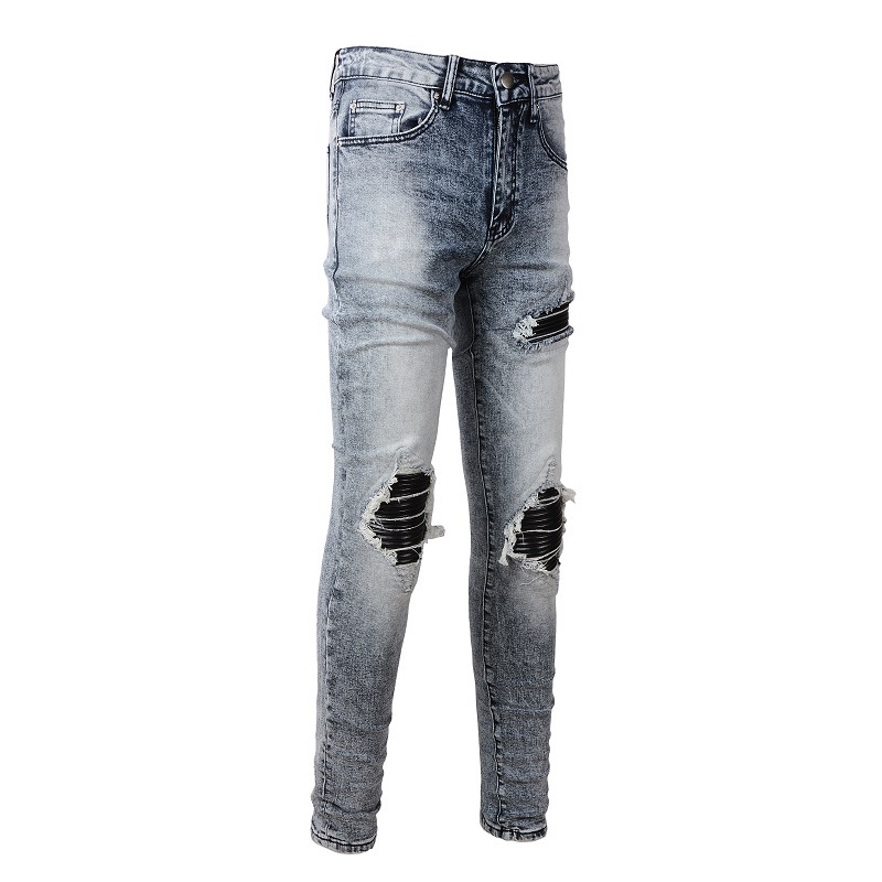 Vêtements pour hommes dans le même style moustaches de chat froissées patchwork noir trous en cuir élastique slim fit jeans skinny jeans_voghion.com