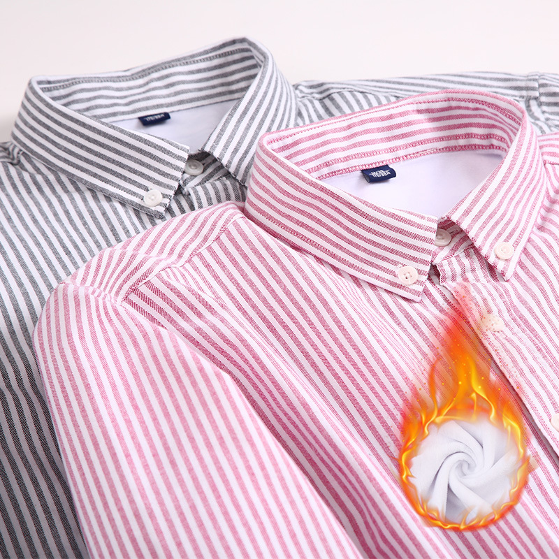 Camisa de Hombre Dongyu para Otoño e Invierno, Forrada de Felpa Cálida, Camisa de Manga Larga de Tela Oxford a Rayas, Camisa de Hombre de una Pieza al por Mayor
