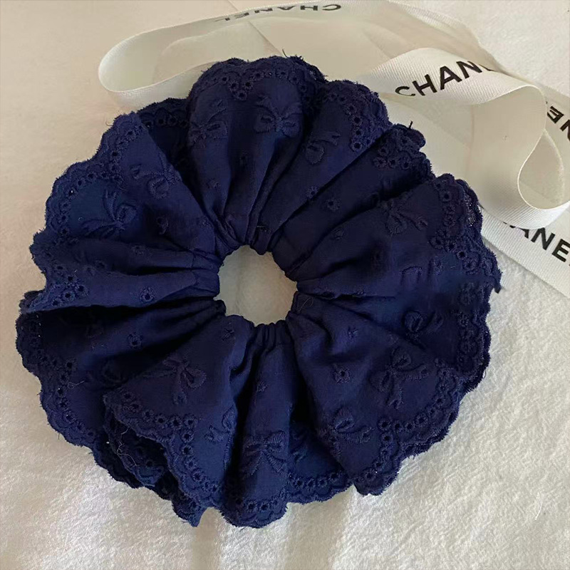 韓国ニッチバレエスタイルネイビーブルーのリボン純綿刺繍ヘアゴムハイエンドレトロ帽子ヘアロープ|undefined