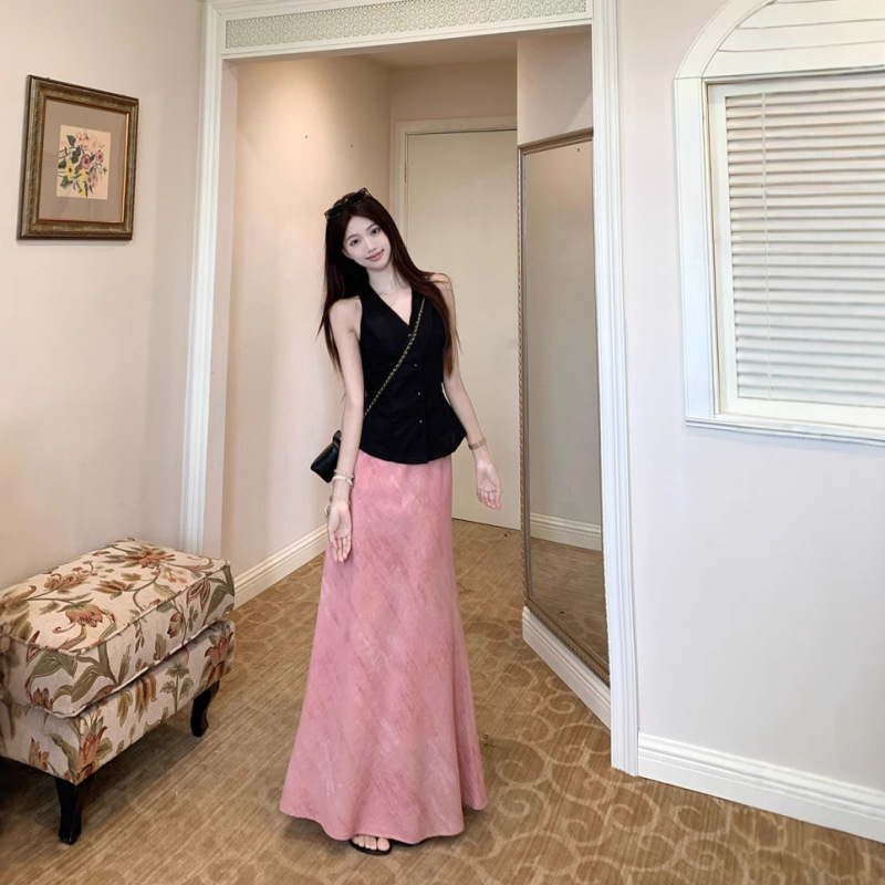 Real Shot of Xia Laoqian Style Cotton and Linen Vest Cardigan Vest Top for Women + Sexy High-Waisted Tie-Dye Half-Length Skirt Suit