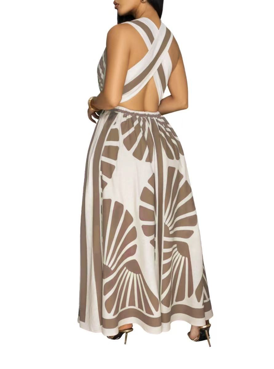 2025 Cross-Border Foreign Trade European And American Women's Clothing V-Neck Sleevel Bohemian Printed Long_ecoleips.com