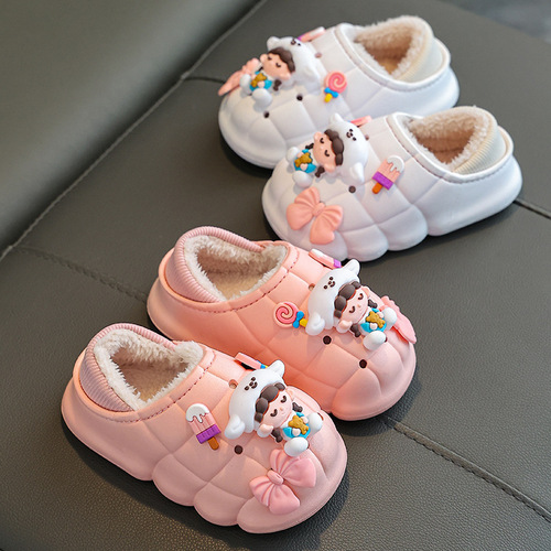 Baby and children's cotton slippers for boys and girls in winter, indoor waterproof and poop-feeling bags, parent-child cute home cotton shoes
