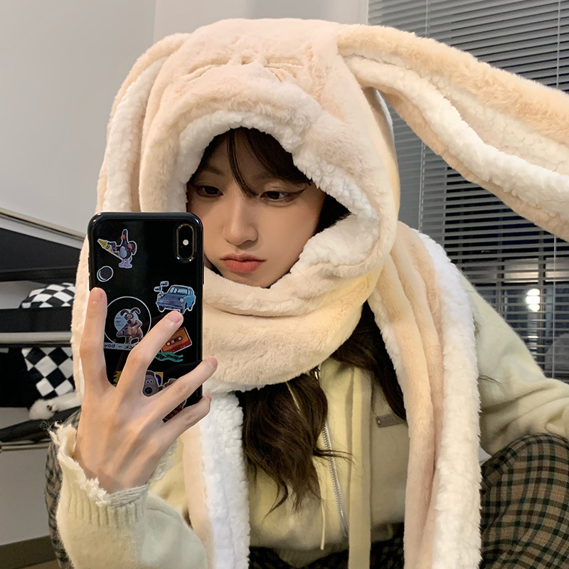 Attractive Three-Piece Set of Ears, Hats, Scarves and Gloves with Cute Rabbit Fur-Like Material for Ear Protection 