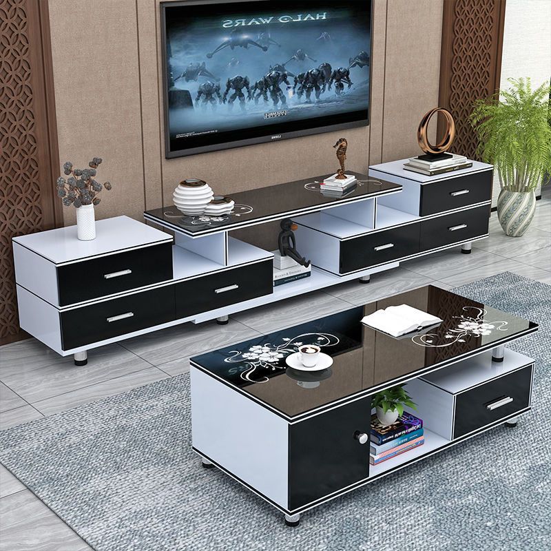 Living Room Tv Cabinet Coffee Table Combination Simple Modern Tempered Glass Tv Cabinet Telescopic Multi-Functional Floor Cabinet Furniture