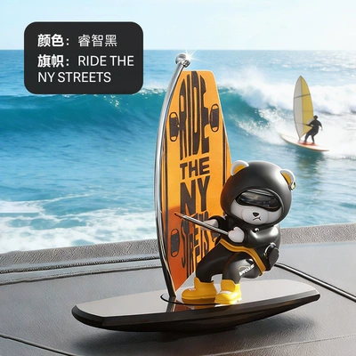 Cross-Border New Car-Mounted Swinging Car ornaments - surfing-bear-black-ny-flag