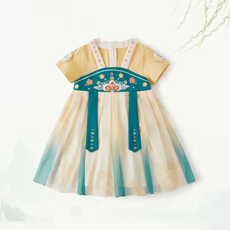 Летнее платье Hanfu для девочек с короткими рукавами, новинка 2025 года, модное детское платье в китайском стиле Ancient Fairy.