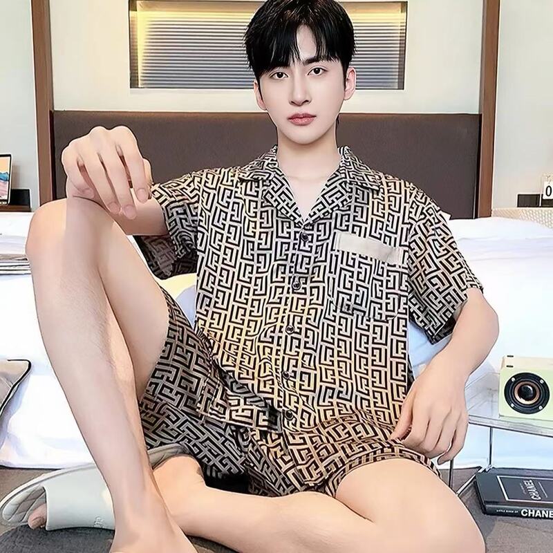 Men's New Pajamas Men's Summer Short-Sleeved Shorts Ice Silk Thin Imitation Summer Silk Loose Home Clothes Set Men's New Pajamas Men's Summer Short-Sleeved Shorts Ice Silk Thin Imitation Summer Silk Loose Home Clothes Set