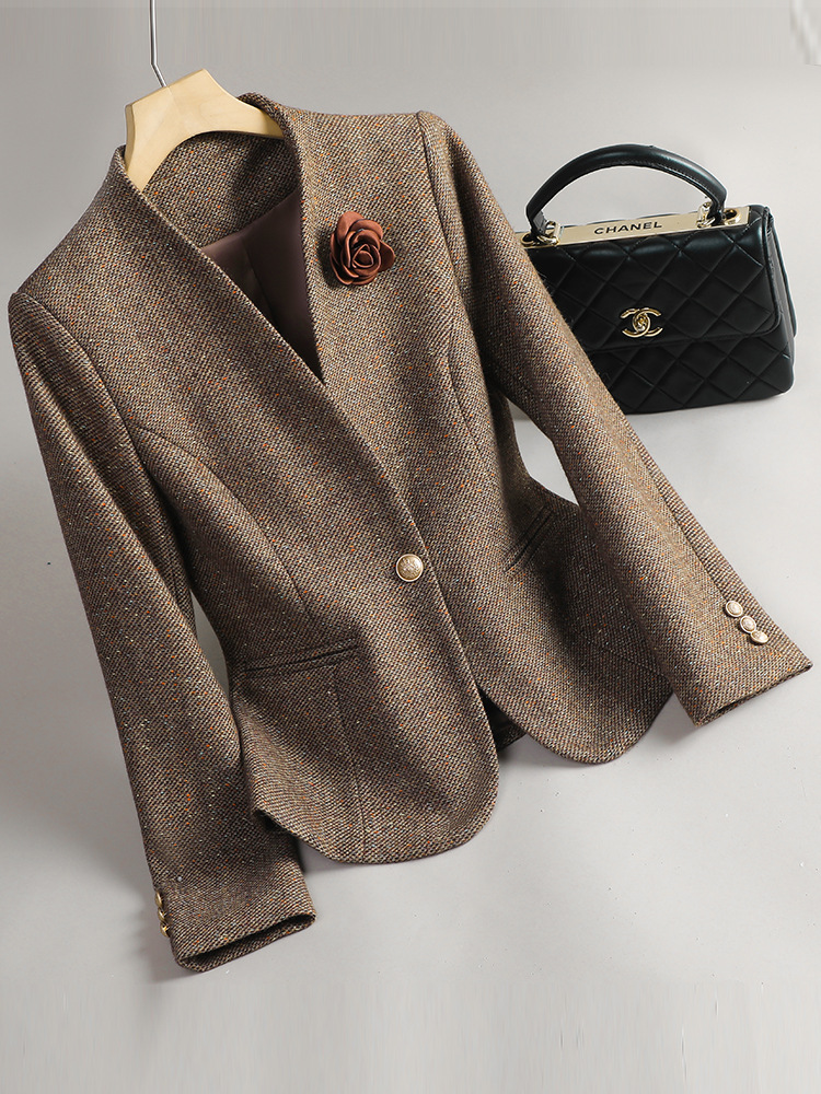 Coffee woolen demi-season elegant classic suit jacket
