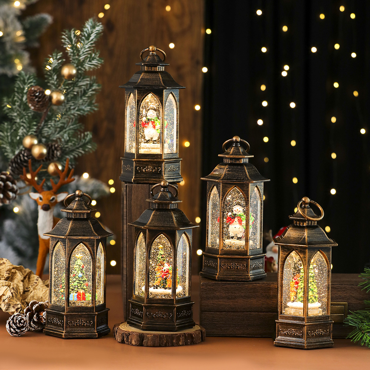 Nueva lámpara de aceite de inyección de agua hexagonal de nieve giratoria luminosa, decoración de caja de música, decoración de regalo de Navidad, linterna