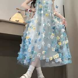 女大童连衣裙2025新款夏初中生女孩漂亮绝美大儿童夏装高级感裙子