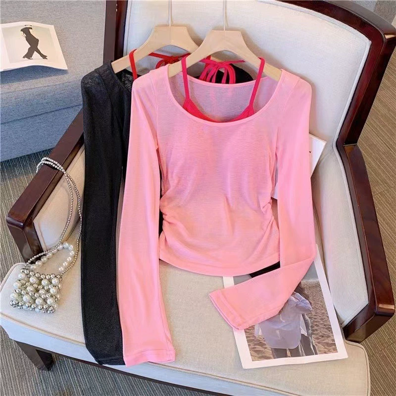 Розовый солнцезащитный крем шейный подтяжка женский трикотаж из двух частей дизайн 2024 Летняя сетка красный тонкий топ с длинными рукавами