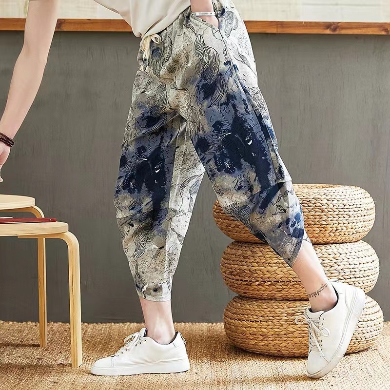 Chinese style bloomers summer men's cropped pants loose casual sports outerwear shorts thin straight beach pants
