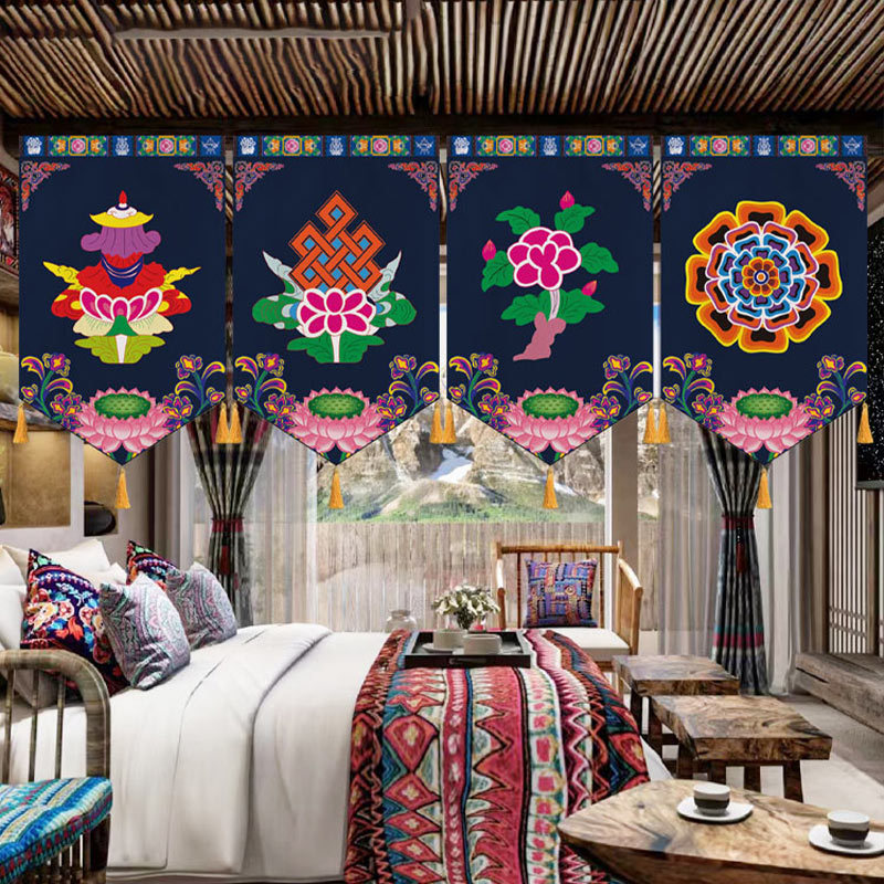 Xizang Eight Auspicious Tangka Triangle Decorative Curtain Xizang Homestay Inn Xizang Pattern Eight Auspicious Partition Curtain Hanging Curtain